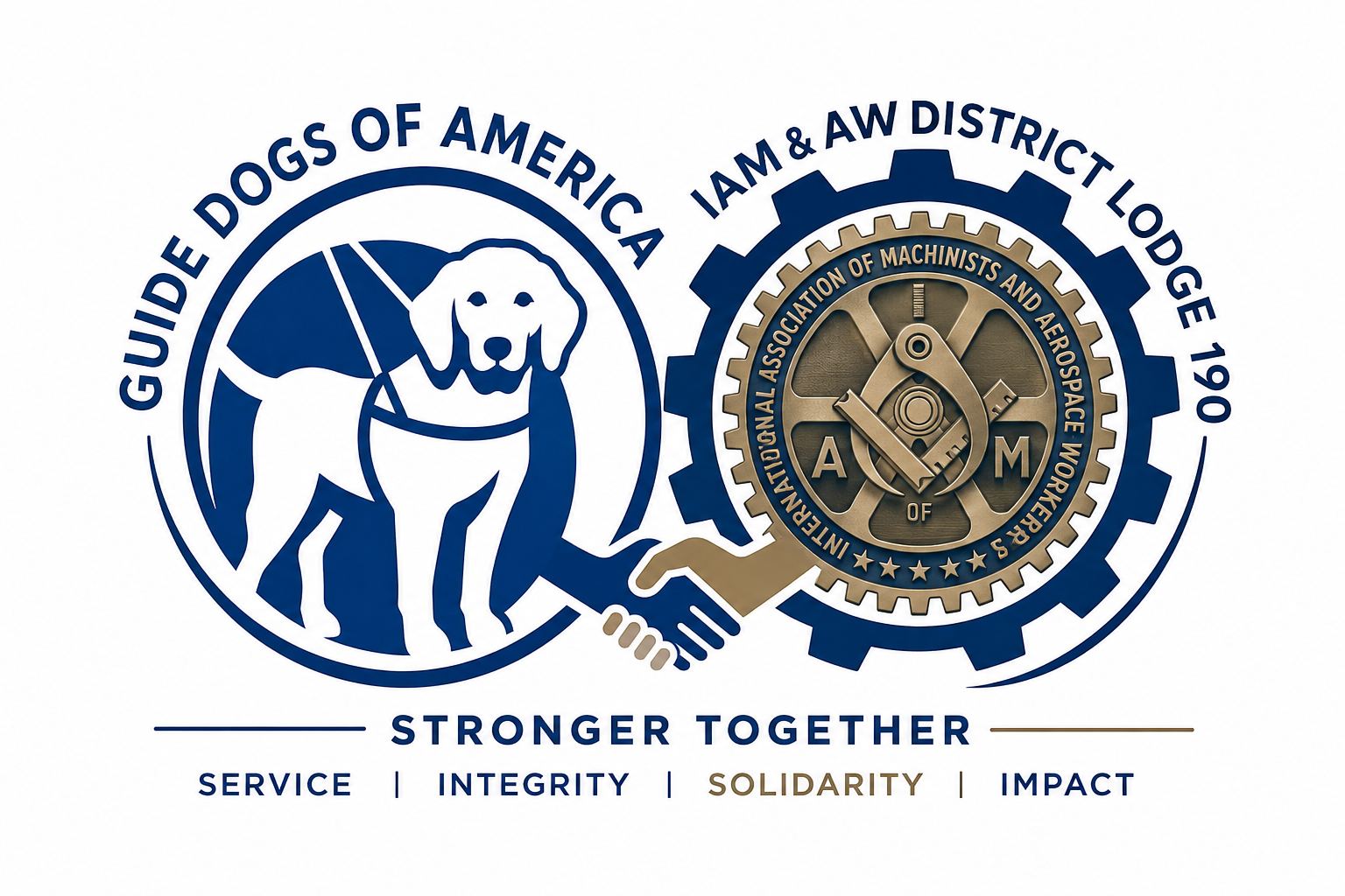 Guide Dogs of America and IAM District Lodge 190 Stronger Together collaboration logo
